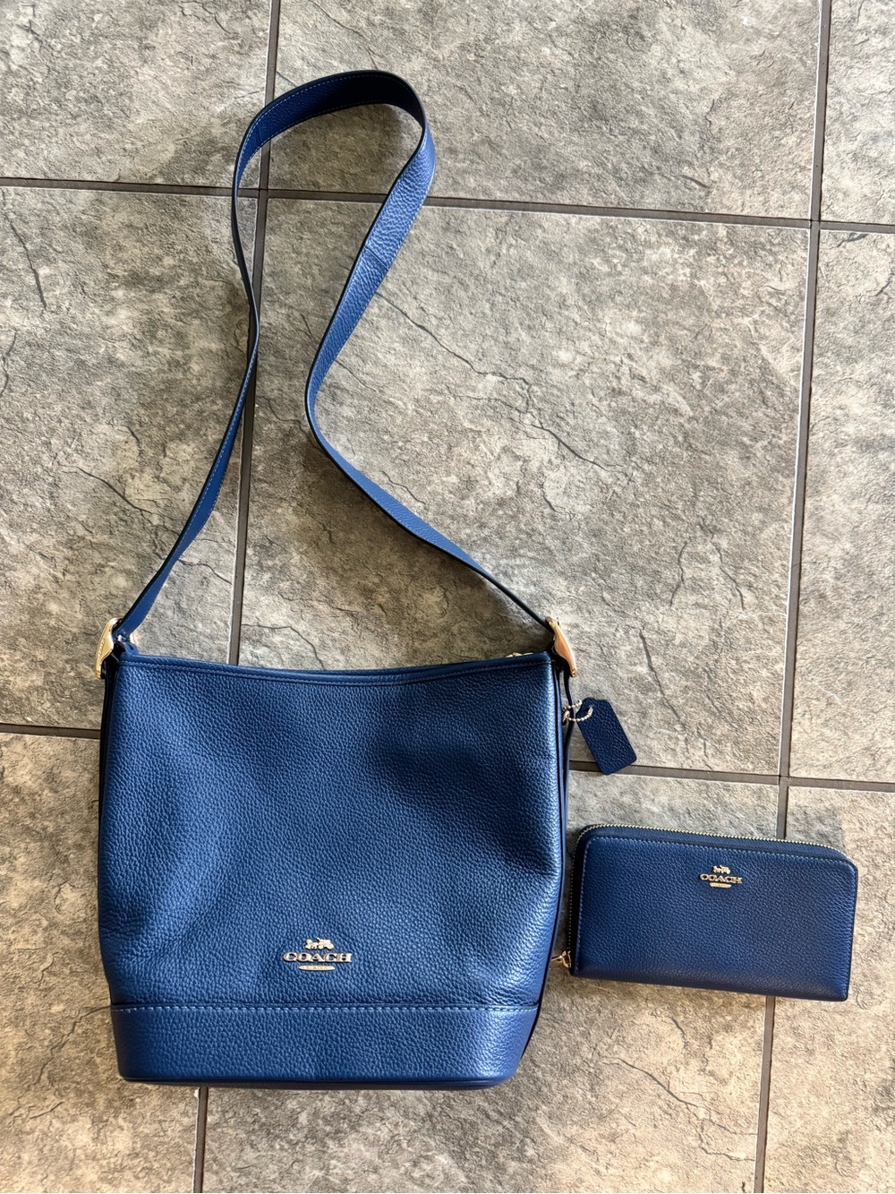 Coach Navy Blue Pebble Leather Shoulder Bag with Matching Wallet
